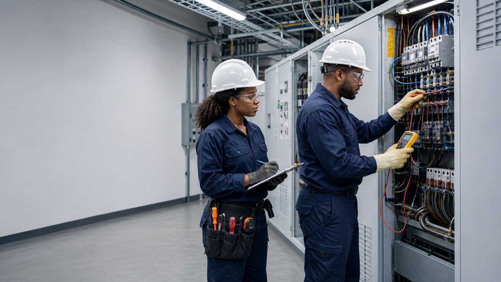Two Astanah engineers testing a distribution panel during an electrical audit
