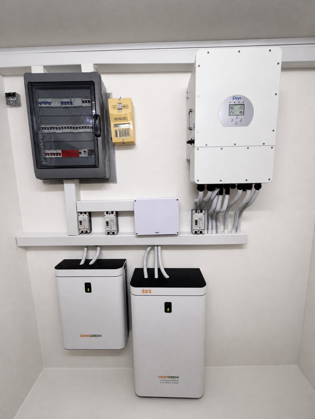 Deye hybrid inverter, ECOLEC prepaid meter, and GenixGreen LiFePO4 battery cabinets in the Zarena power room